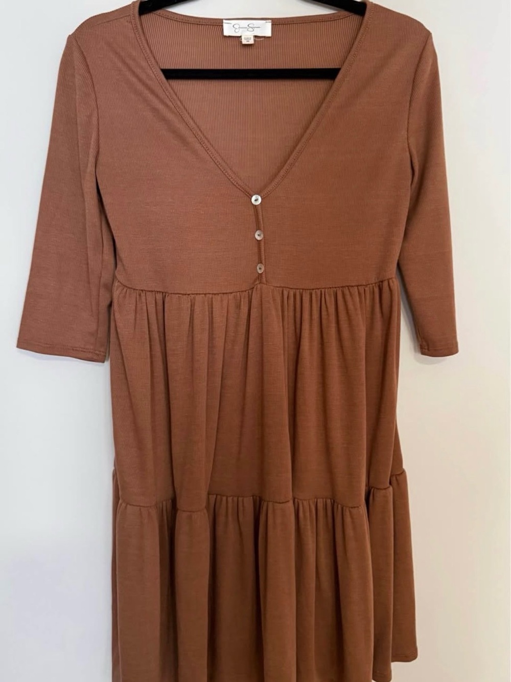 Jessica Simpson Rust Brown Ribbed V-Neck Tiered Midi Dress